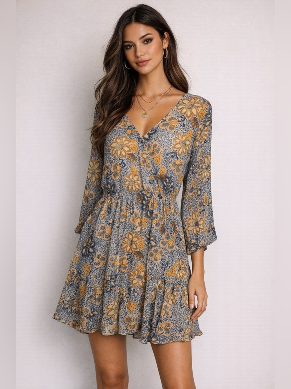 Free People Boho Floral Mini Dress XS Flowy Bell Sleeve